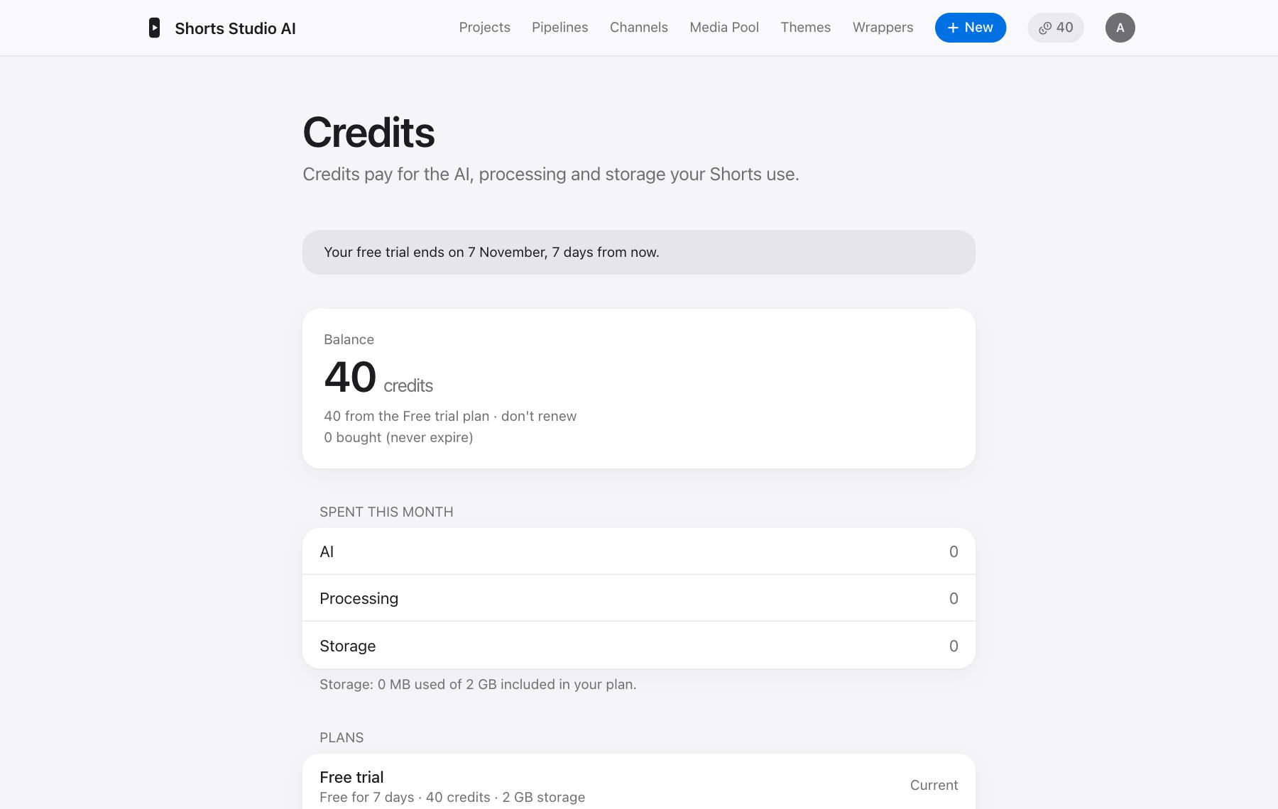 The Credits page with your balance, plans and top-ups