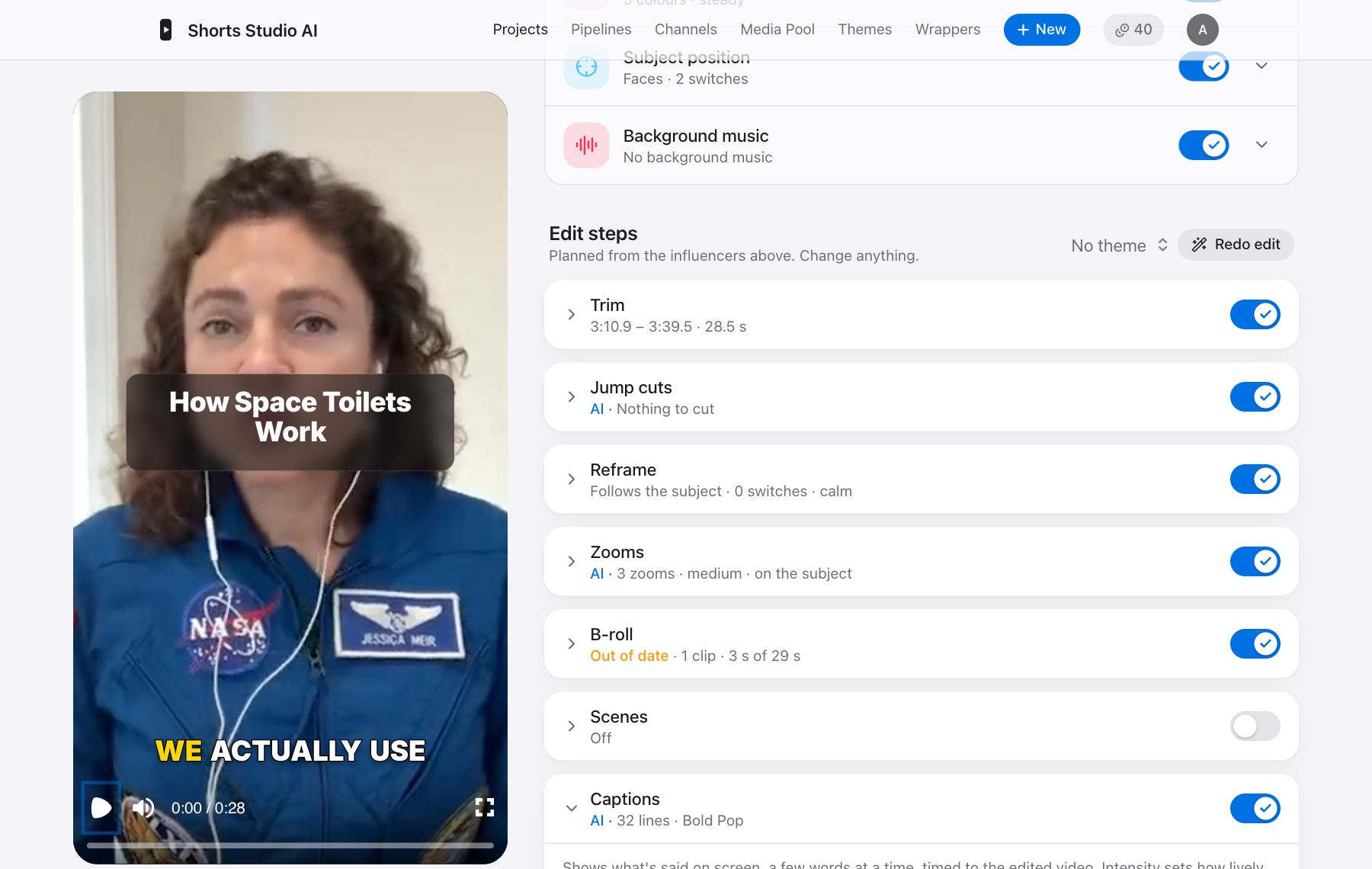 The edit page with a live preview and the list of edit steps