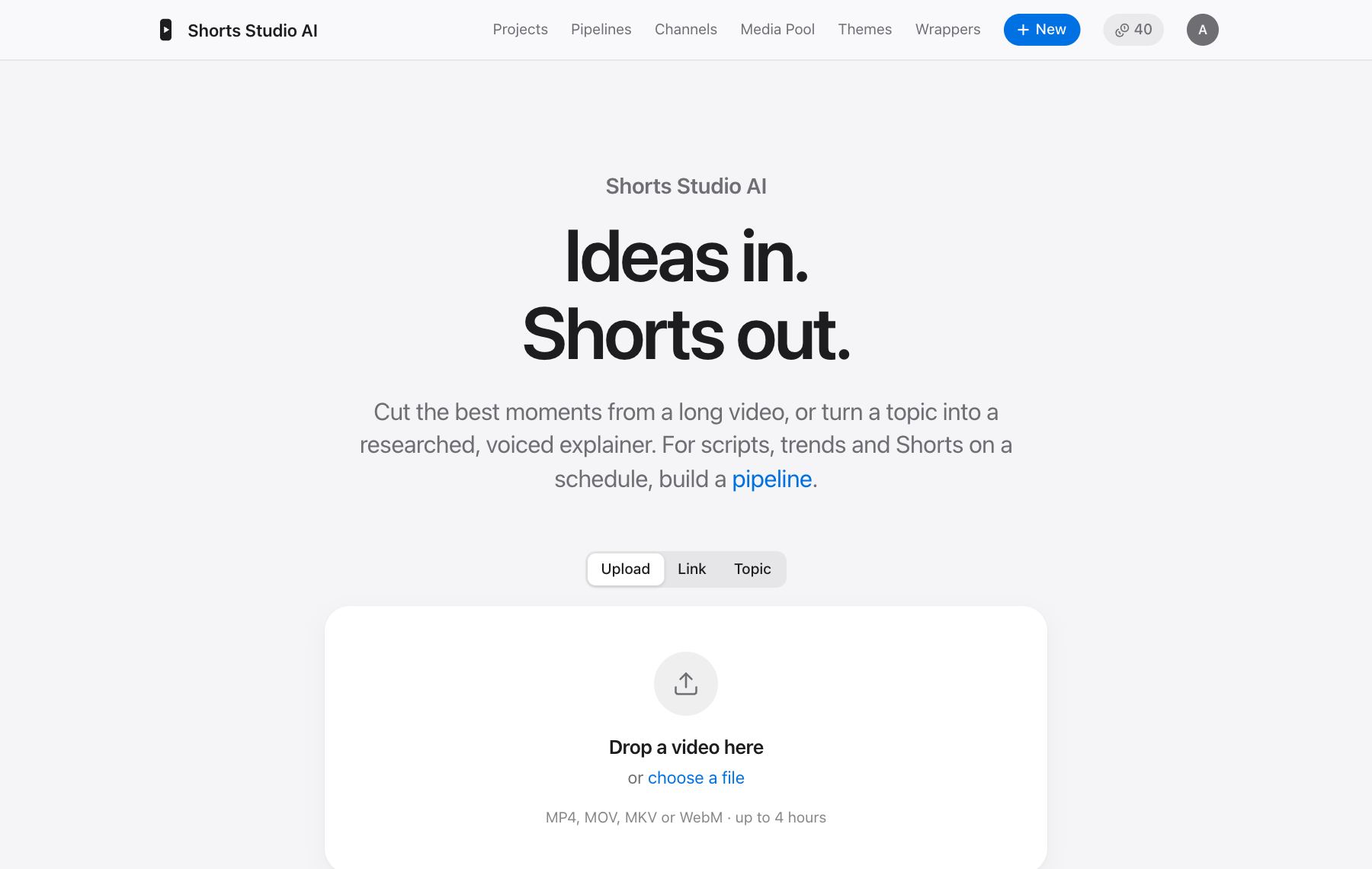 The home page with a box to start a new Short