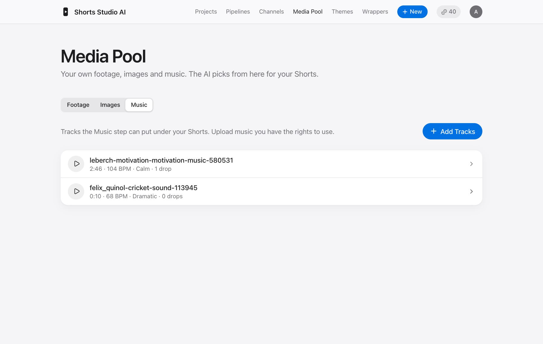 The Media Pool with tabs for footage, images and music