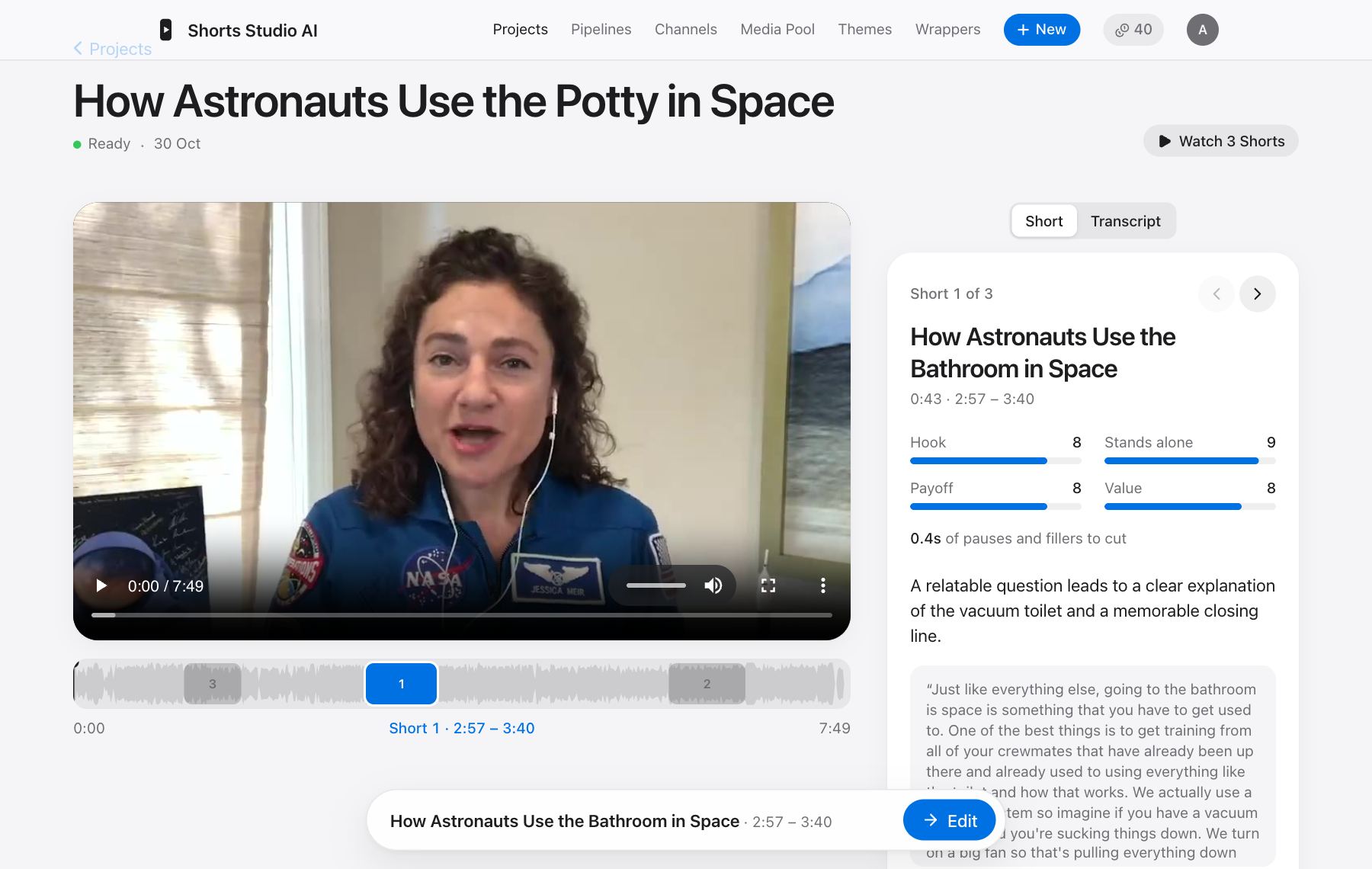 A project page showing the video, its Shorts and the moments found